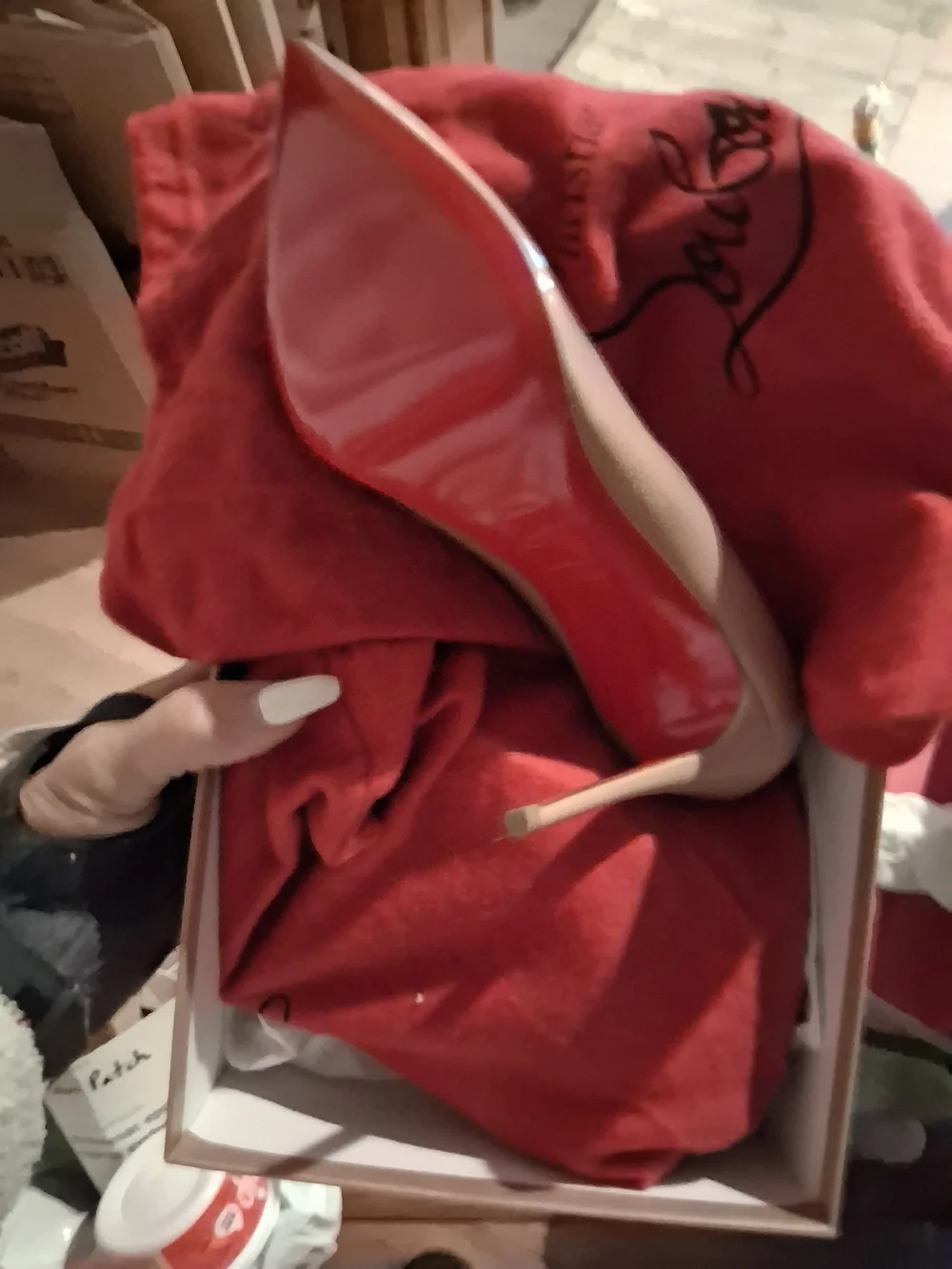 Christian Louboutin Tan Storage Box with White Script Logo